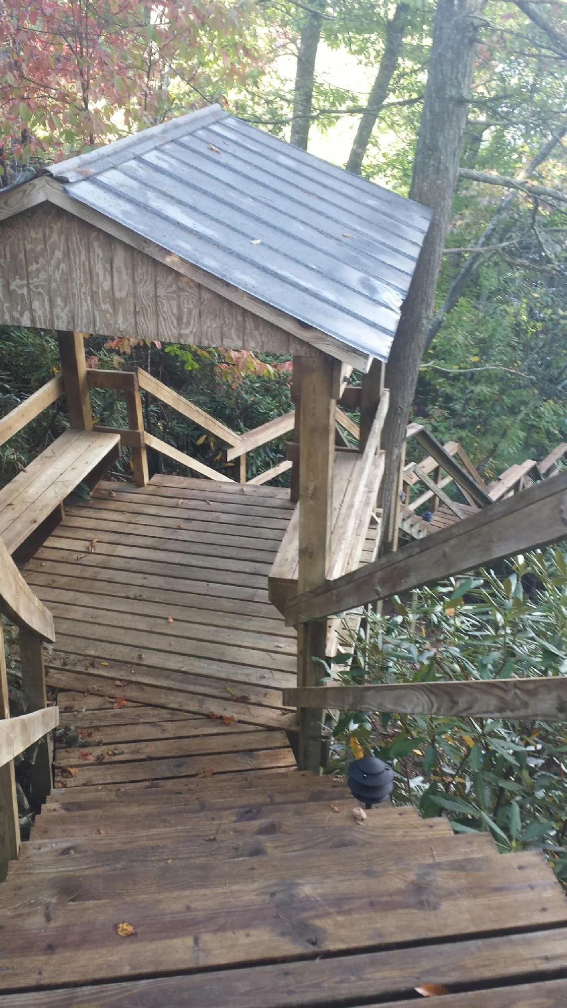 Metal roofed shelter over wooden steps on a wooded walkway — Skylight Repair & Installation work by our crew in Lupton City